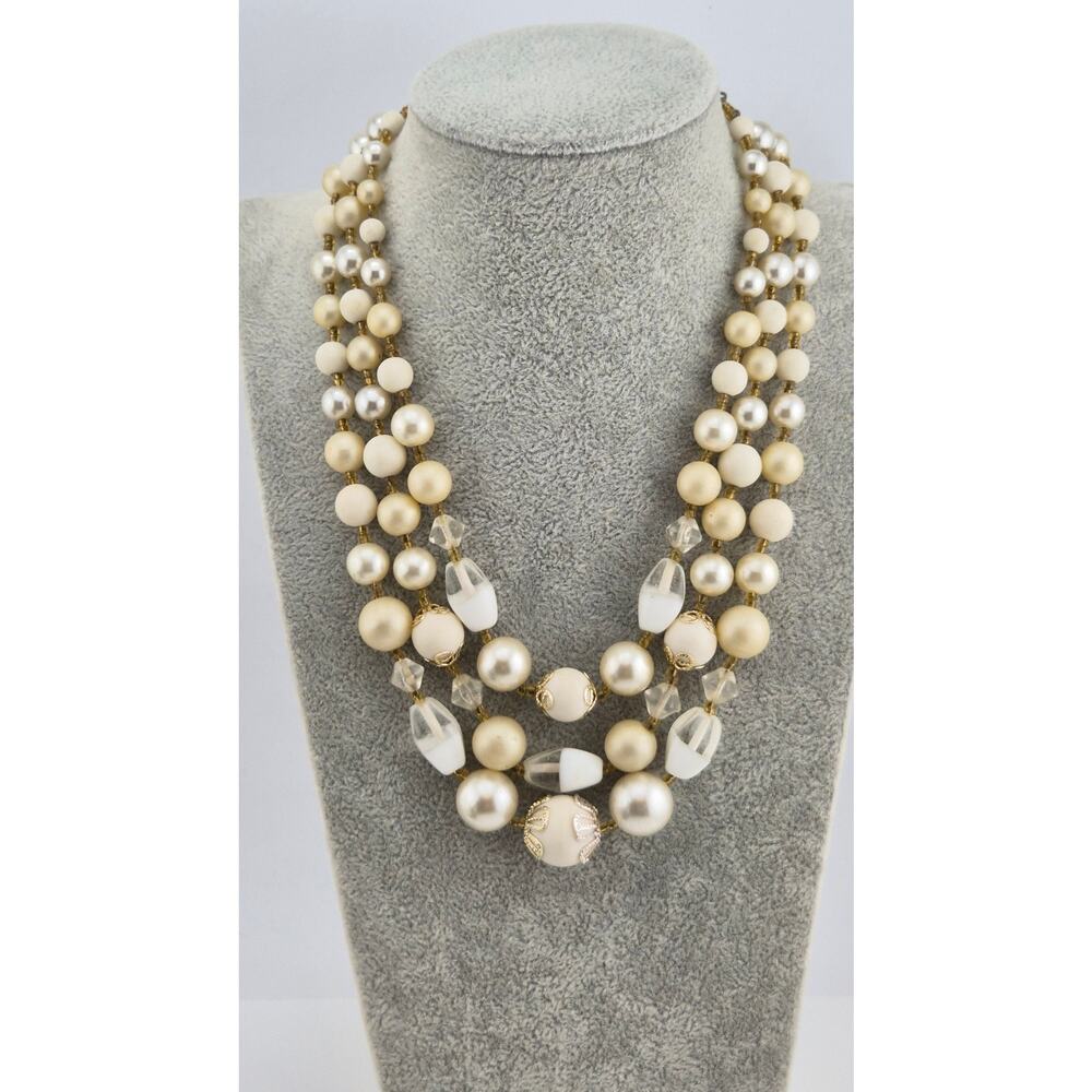 Vintage 3 Strand Beaded Necklace Faux Pearl Lucite Milk Glass Gold Tone